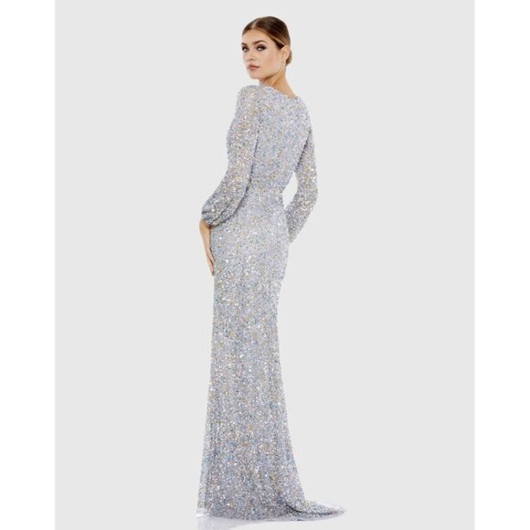 Mac Duggal Size 2 Silver 5213 SEQUIN LONG SLEEVE Wrap Formal GOWN Dress $498 - Picture 3 of 11